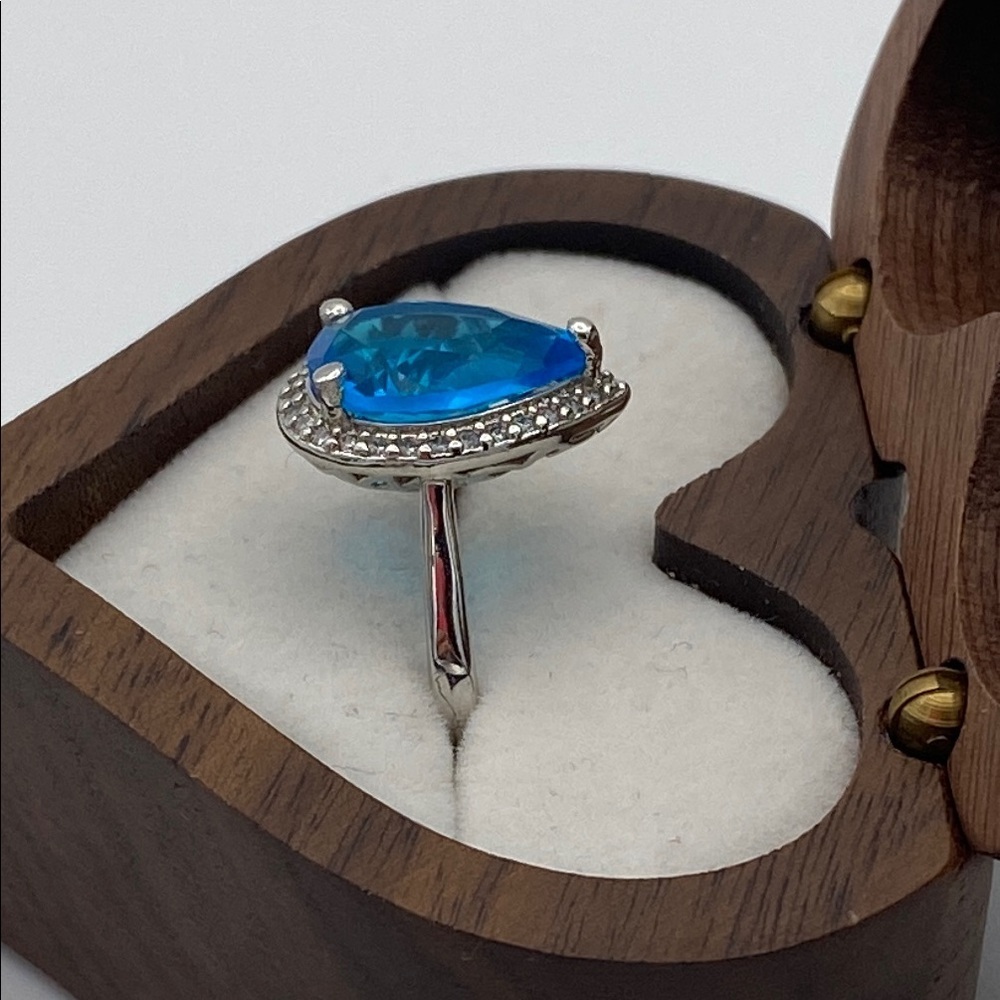 Teardrop Blue Gemstone Cocktail Ring with Crystal Halo • Silver Tone - Picture 4 of 12